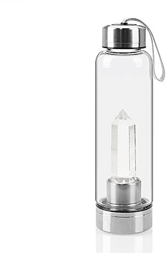 hxoity Natural Crystal Water Bottle With Clear Quartz White Crystal Elixir Quartz Crystal Wand Stick Wand Healing Elixir Point Reiki Crystal Obelisk Quartz Crystal Gem Infused Water Bottle 550 Ml