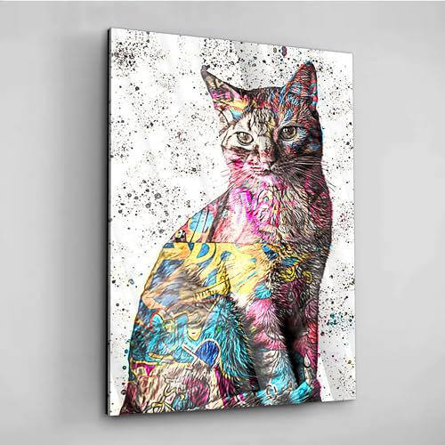 Acrylglas Pop Art Graffiti Katze bunt Tier Wand Abstrakt Wandbilder Glasbilder Wohnzimmer Schlafzimmer Büro Wanddekoration Deko XXL günstig (Acrylglas auf Metall, 120x80 cm)
