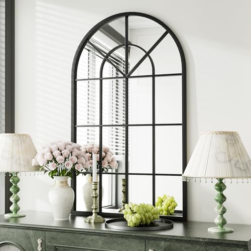 TinyTimes Miroir mural décoratif en forme d'arche pour fenêtre, 61 x 106,7 cm, miroir pour montage mural pour entrée, salle de bain, salon ou chambre à coucher, cadre en fer, noir