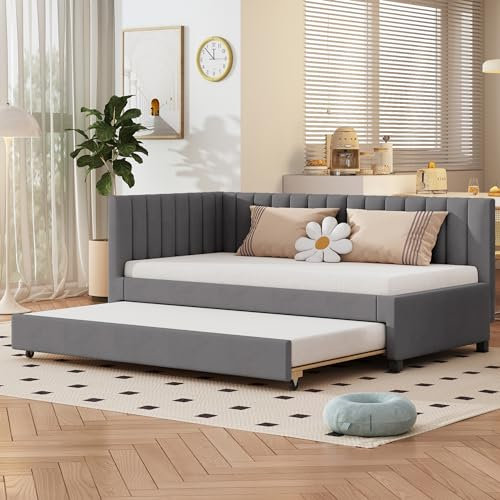Ausziehbares Schlafsofa 90x200, Polsterbett Kinderbett mit Ausziehbares Rollbett, Tagesbett Jugendbetten mit Lattenrost, Gästebetten für Wohnzimmer Schlafzimmer, Multifunktionsbett, Samtstoff, Grau