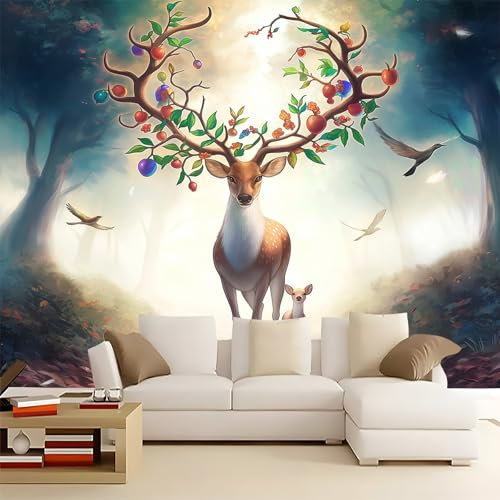 Bunt Fototapete 200 x 140 cm, Fantasie Hirsch Vlies Tapeten Moderne Wandtapete Wohnzimmer Schlafzimmer 3d Effekt Wand Dekoration