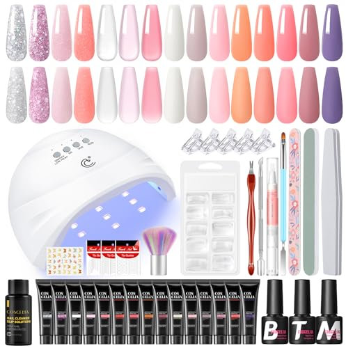 COSCELIA Kit Ricostruzione Unghie 15pz Poly Extensione Gel con Lampada LED+U V 30pz Perle, Gel Unghie Ricostruzione Poly con Base Top Coat Gel Kit di Decorazione per Unghie Builder