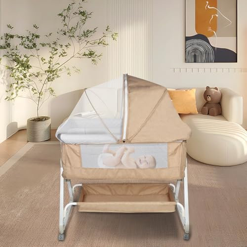 Berceau Cododo avec Matelas et Moustiquaire, Hauteur Réglable à 6 Niveaux,Facile à Assembler, Lit Bébé Cododo pour Les Bébés de 0-2 ans, Cododo Mobile Chambre Bébé-92*52*106-118 cm-blanc cassé