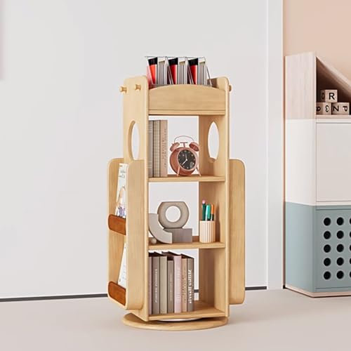 TRUNXUCL Drehbares Bücherregal mit Oberem Stauraum, 3 Stufiges Bücherregal Aus Holz, Zeitschriftenregal zur Bücherpräsentation Für Kleine Räume, Schlafzimmer, Arbeitszimmer(Beige)