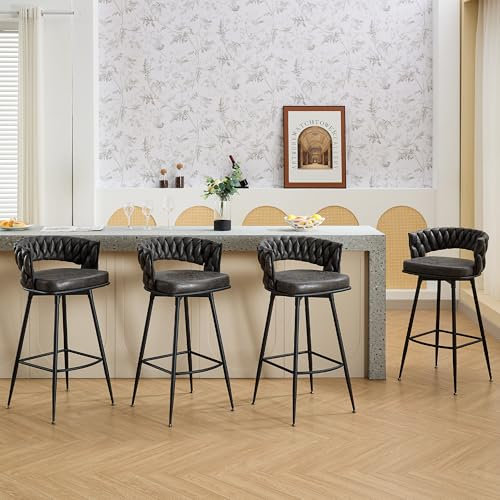 LONXIU Tabouret Bar Lot de 4, Tabourets de Bar Pivotant avec Dossier Et Repose-Pieds Tissés, Faux Cuir PU, Hauteur D'assise 79 cm, Chaise de Bar pour Cuisine, Comptoir, Bar, Noir