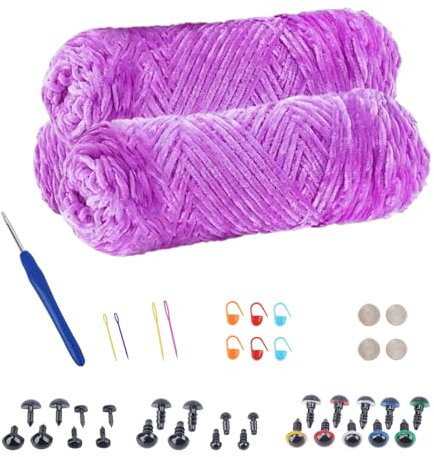 NAHUAA Chenille Wolle zum Häkeln 3 x 100g (3 x 150 m) Flauschige Wolle zum Stricken und Häkeln Kuschelwolle mit Häkelzubehör Weiche Plüschwolle für Decken Schals Kunsthandwerk, Violett
