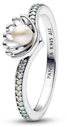 PANDORA Disney Prinzessin Arielle Muschel Behandelte Süßwasserzuchtperle Ring aus Sterling Silber mit Zirkonia, Größe: 54, 193654C01-54
