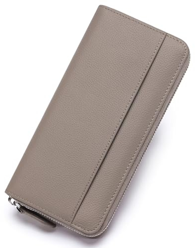 SCHLATUM RFID-blockierende Damen-Geldbörse mit Reißverschluss, Leder, großes Fassungsvermögen, Geldbeutel, Clutch, mit Reißverschluss für Frauen, GRAU, Full Size, Modern