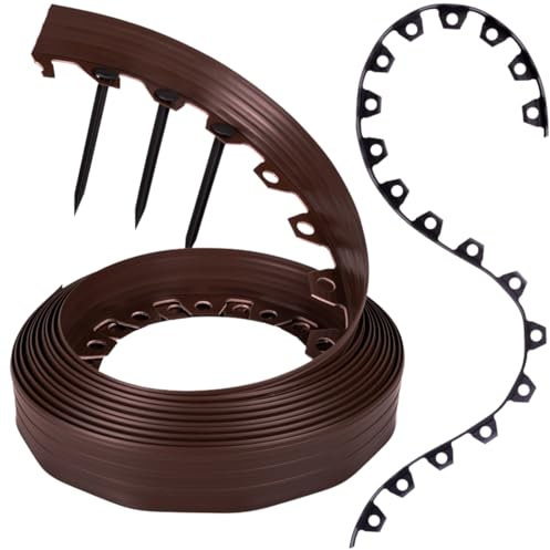 GARDENIX Flexible Rasenkante Kunststoff - Wetterbeständige Rasenabgrenzung Beeteinfassung Rund - Blumenbeet Umrandung - Braun, 10 m, 20 Erdanker, 6 cm Höhe für Gärten und Mähroboter