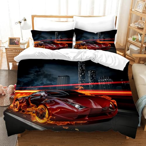 CXYXHW Rennwagen Bettwäsche Set für Jungen,Sportwagen Bettbezug Extreme Sport Thema Bettwäsche Set für Kinder mit Reißverschluss und 2 Kissenbezug (Rennwagen 4, 135x200cm)