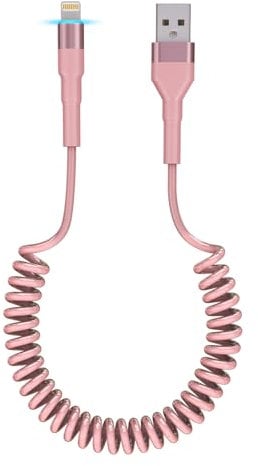 Coiled USB A to Lightning Cable for Apple CarPlay with 480Mbps Data Sync LED [MFi Certified], Fast Charging Short Pink Car Charger Cable USB to Lightning pink Retractable iPhone Charger Cord for Car