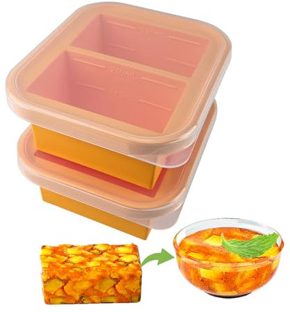 Two Cup Silicone Food Freezing Tray with lid, Reusable Meal Prep Containers Stackable, BPA Free Organisers for Food, Storing Broth Sauce Yoghurt, Soup Ice Cube Trays, 300ml/Cup (Orange)