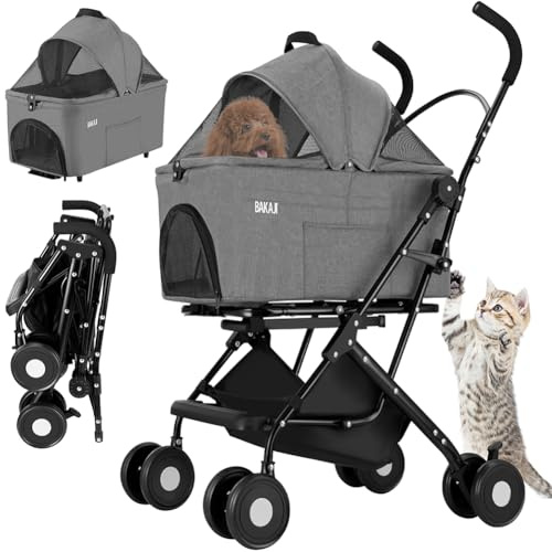 BAKAJI Kinderwagen für Haustiere, 2 in 1, maximale Belastung 40 kg, faltbar und platzsparend, abnehmbare Kapsel, Kinderwagen für Hunde und Katzen mit abnehmbarem Transport und Aufbewahrungskorb (Grau)