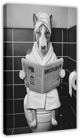 MGHDGD Bullterrier Hund auf Toilette Badezimmer Kunst Leinwand Poster Schlafzimmer Dekor Landschaft Büro Zimmer Dekor Geschenk 40 x 60 cm