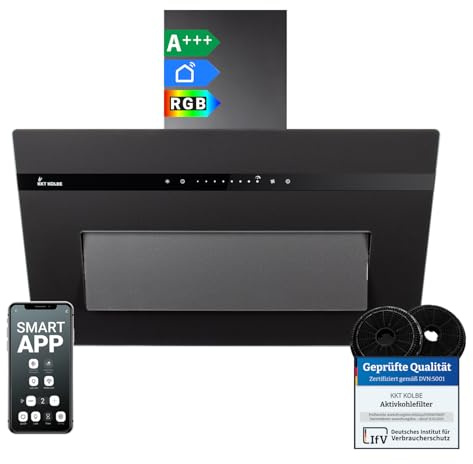 KKT KOLBE A+++ cappa aspirante 80 cm 782 cbm/h ricircolo dell'aria di scarico senza testa | vetro nero opaco | ricarica automatica | Smart WiFi App Wi-Fi | SensorTouch | Illuminazione LED RGBW |