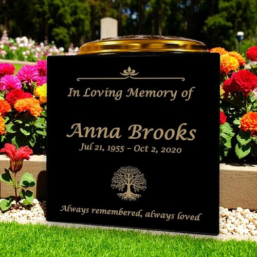 Personalised Granite Memorial Vase- Solid Granite – Tree of Life Design - Free Gold Engraving and Gold Metal Flower Insert- Best for Outdoor Cemetery Use (6 x 6 x 6)