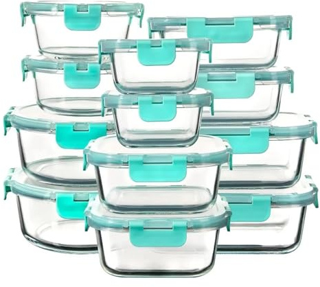 Lot de 12 récipients en verre avec couvercles anti-fuite - Passe au micro-ondes, au lave-vaisselle et au congélateur - Vert menthe
