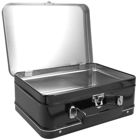 STOBAZA Retro Metal Lunch Box with Latch Closure, Black, 20.5 x 15 x 7.5 cm | Black tinplate lunch box with a hinged lid and latch closure, Retro suitcase