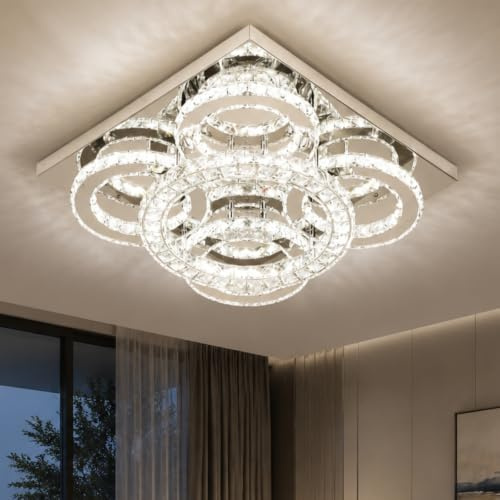 GreeLustr LED Kristall Kronleuchter Deckenleuchte 40cm für Wohnzimmer | 3 Farbtemperaturen, 5-Ringe, Edelstahl Quadrat Moderne Deckenlampe für Hall Esszimmer, 51W