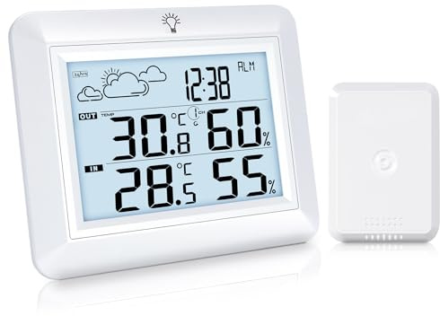 Urageuxy Thermometer Innen Außen, Digital Thermometer Hygrometer mit Wettervorhersage, Hygrometer, Weckzeiten, MIN/MAX-Aufzeichnung, 100m Reichweite, LCD Backlight Display