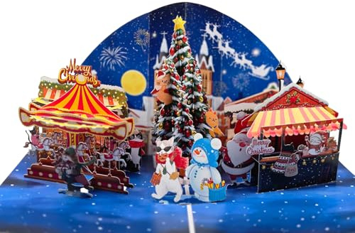 3D Pop Up Weihnachtskarte, Festlicher Weihnachtsmarkt mit Karussell, 30x20x15cm, Handgefertigt mit Winterszene, Marktbuden und Tannenbaum, Inklusive Umschlag