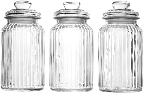 1300ml Vintage Airtight Glass Jars with Lids, Set of 3, Storage Containers | Traditional Sweet Jars, Glass Storage Containers for Tea, Coffee, Sugar, Biscuits, Pasta - Kitchen Pantry Storage, Spell Jars