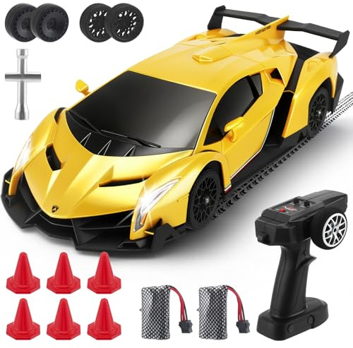 ExKeen Lamborghini RC Drift Auto 1:18 4WD - 35 KM/H Hochgeschwindigkeits Rennwagen mit LED Beleuchtung - Vollproportionales Ferngesteuertes Drift Spielzeug Geschenk für Kinder (Gelb)