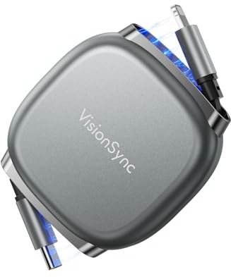 VisionSync Einziehbares Lightning Kabel (1m), USB C auf Lightning Schnellladekabel mit Magnetverschluss für Reisen, Auto und Alltag, 5 voreingestellte Längen für iPhone 14/13/12/11/iPad, Dunkelgrau