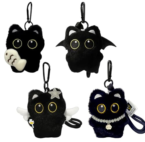 CHUANFU 4 Pieces Porte Clef Chat Noir, 8 cm Peluche Porte Clés Chat Noir Mignon, Pendentif Sac À Dos Portable, Cadeaux pour Amoureux des Chats Anniversaire Halloween Fêtes