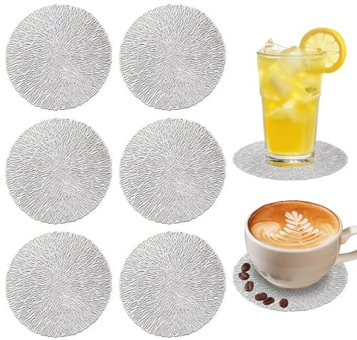6pcs 10cm Silver Hollowed Out Round Metallic Coasters Non Slip PVC Insulated Drink Coasters for Coffee Table Dining Room Bar Home Decor