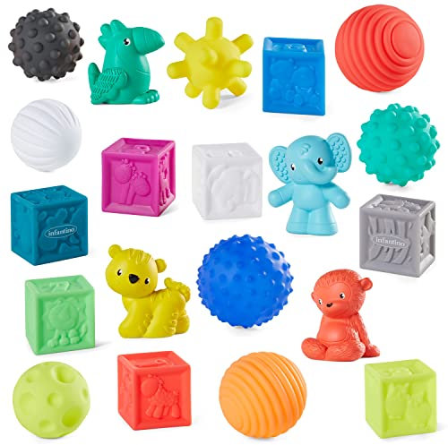 INFANTINO Sensory Balls Blocks & Buddies - 20-TLG. Set zum sensorischen Entdecken, der Entwicklung der Fein- und Grobmotorik & der frühen Einführung in Farben, Zahlen & Sortieren – Ab 0 Monaten