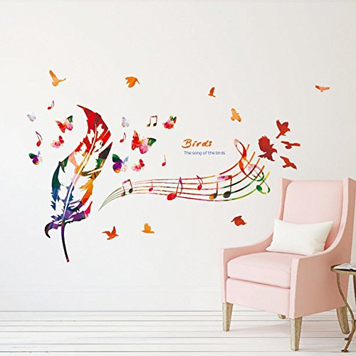 ufengke Wand Aufkleber Noten im Farben mit Bunten Feder, Vögel & Schmetterlinge Wandsticker Dekorative Abnehmbare DIY Vinyl Wandtattoos für Ohnzimmer, Schlafzimmer