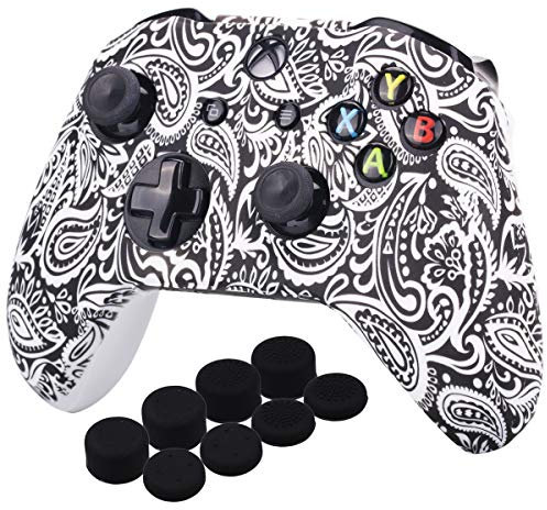 YoRHa Printing Rubber Silicone Cover Skin Case for Xbox One S/X Controller x 1(Flowers&White) With PRO Thumb Grips x 8