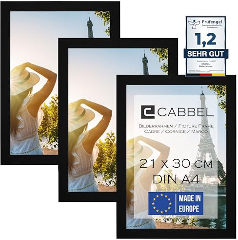 CABBEL 3er Set Bilderrahmen DIN A4 21x30 MDF Holz-Rahmen mit bruchsicherem Acrylglas, ideal für Collagen, Portraits & Urkunden in Schwarz
