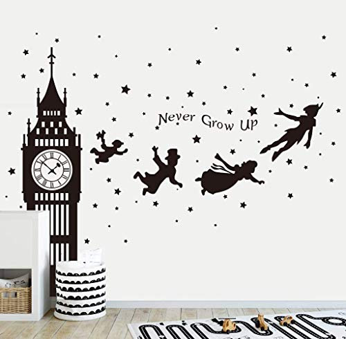 Runtoo Wandtattoo Peter Pan Sprüche Wandsticker Big Ben Schwarz Wandaufkleber Kinderzimmer Babyzimmer