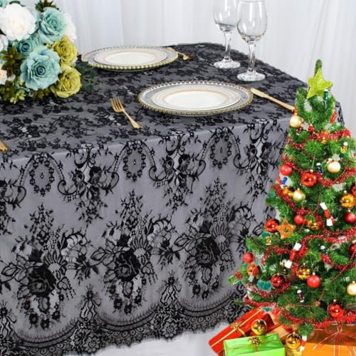 ShinyBeauty Tischdecke aus schwarzer Spitze, 155,6 x 30,5 cm, weiße Leinen-Tischdecke, Spitze, Blumenmotiv, Partyzubehör, Hochzeitstischdecke, weißer Spitzenstoff, Outdoor-Tischdecke