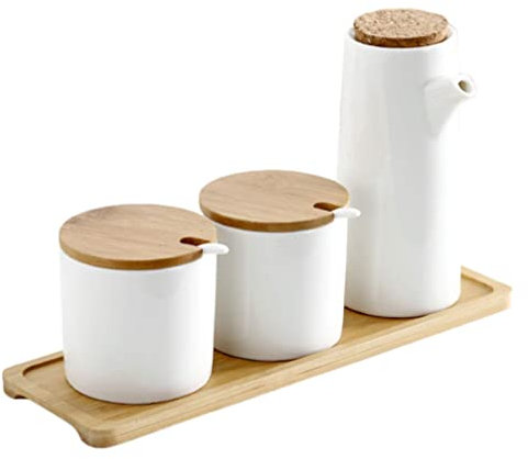 Lurrose Vinegar Bottles Ceramic Oil Dispenser Bottle Japanese Style Olive Oil Pot Soy with 2Pcs Sauce Jar Vinegar Cruet Liquid Condiment Dispenser with Tray for Kitchen Cooking White Syrup Dispenser