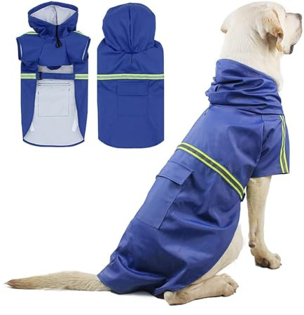PETCUTE Hunderegenmantel mit Kapuze,Wasserdicht Hunde Regenmantel mit Reflektierenden Streifen,Verstellbarer Hunde Regenjacke mit Kragenloch für Kleine Mittelgroße und Große Hund,L