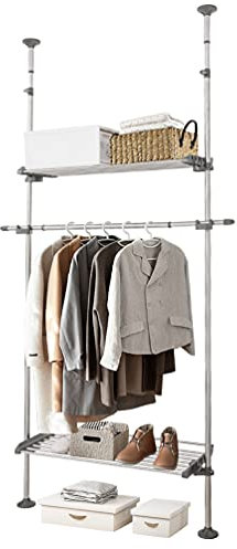 BAOYOUNI Teleskop Garderobenständer Kleiderständer ohne Bohren Kleiderstange mit 2 Ablagen und 1 Teleskopstange, Höhenverstellbar 240-310cm, für Wohnzimmer, Schlafzimmer, Ankleidezimmer, Grau