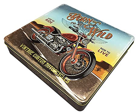 stylebox Rechteckige Blechdose mit Aufschrift Born to be wild im Retro-Look Keksdose Deko Box Dose, ca. 23 x 21.5 x 4 cm Volumen: 1,9 L