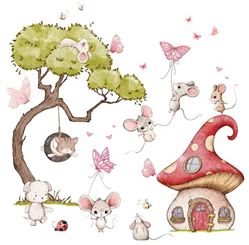 Little Deco Wandsticker Wandtattoo Kinderzimmer Mädchen Mäuse Wandaufkleber Katze Wandbild Mädchenzimmer Hund Pilz Haus Rosa Schaukel Wanddeko Schmetterlinge DL739-2