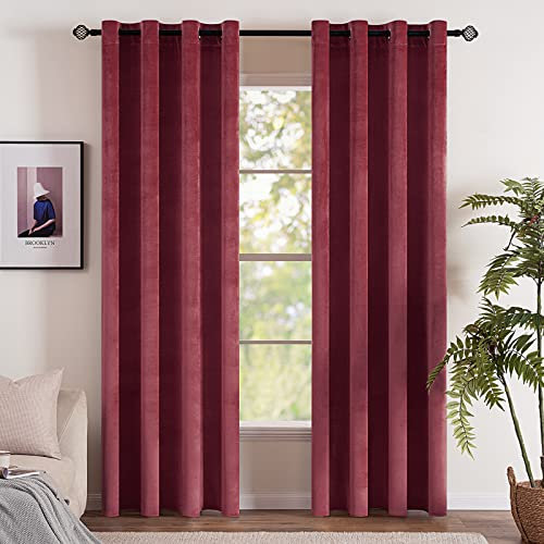 EMEMA 2 Stück Verdunklungsvorhang Samtvorhänge Blickdicht Vorhang mit Ösen Thermogardine Ösenvorhang Verdunkelungsgardinen für Schlafzimmer Wohnzimmer, 140 x 245 cm(B x H) Rotwein