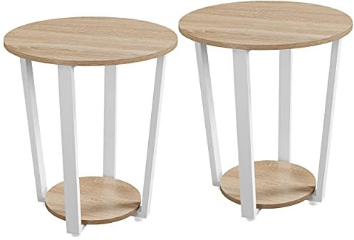 Yaheetech Nachttische 2 Set, Runder Beistelltisch, Ablagetisch für Wohnzimmer Schlafzimmer, Sofatisch aus Holz & Metall Eiche