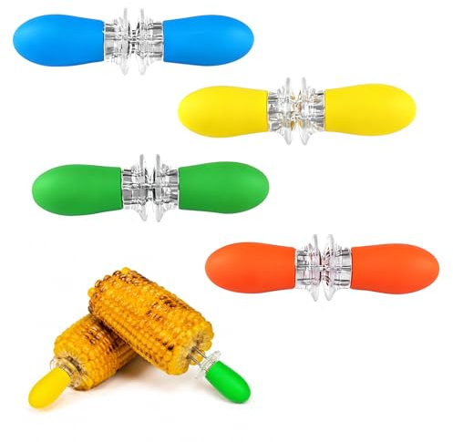 8Pcs (4 Pairs) Corn Holders Corn Stripping Tool Corn on Cob Skewers Stainless Steel Cob Forks Interlocking Holders Silicone Handle Twin Prong Sweetcorn BBQ/Home Cooking/Picnics Outdoor Party Camping