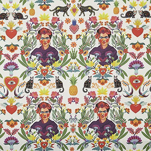 Kt KILOtela - DigitalerBedruckter Leinwandstoff, Polster, Kissen, Vorhänge, Halbpanama, Baumwolle, 100 cm Länge x 140 cm Breite, Psycodelia Frida Mex - mehrfarbig - 1 Meter
