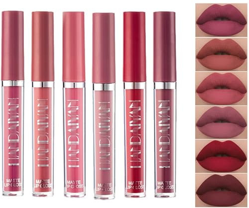 6 Stück Matte Flüssiger Lippenstift Wasserdichte Langlebige Velvety Matte Lipgloss Set Rot Nude Lipstick Makeup Antihaft-Tasse Lipgloss Flüssiger Lippenstift Schönheitskosmetik (A)