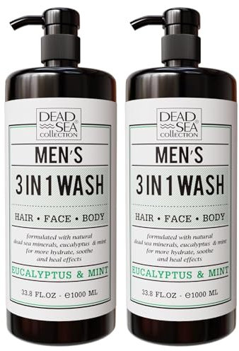 Dead Sea Collection Mens Shower Gel 3 in 1 with Eucalyptus & Mint - Body Wash with Dead Sea Salt, Shampoo for Men, Face Wash - Pack of 2 (1000 ml. each)