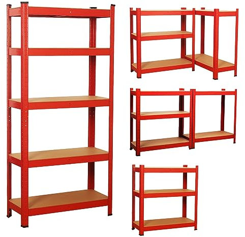 COZYBRITE Garagenregal, 5 Etagen, strapazierfähig, Schuppenregal, Metall, schraubenlos, 875 kg Kapazität, 175 kg pro Regal, für Lager, Werkstatt, Büro (rot, 90x40x180 cm, 5)