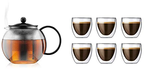 Bodum - 1805-01 - Assam - Théière à Piston en verre - Filtre inox - 1.0 L - Noir & 4557-10-12 - Pavina - Coffret de 6 Verres Double Paroi - 0.08 l