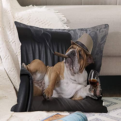 Kissenbezug 45x45 cm,Humorvolle englische Bulldogge, die in einem schwarzen Ledersessel mit,Outdoor Kissen Kissenbezüge Kissenhülle Sofa Kissen dekokissen Zierkissen für Wohnzimmer Garten deko draußen